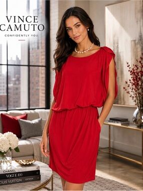 VINCE CAMUTO Red Flutter Sleeve Asymmetrical Dress
